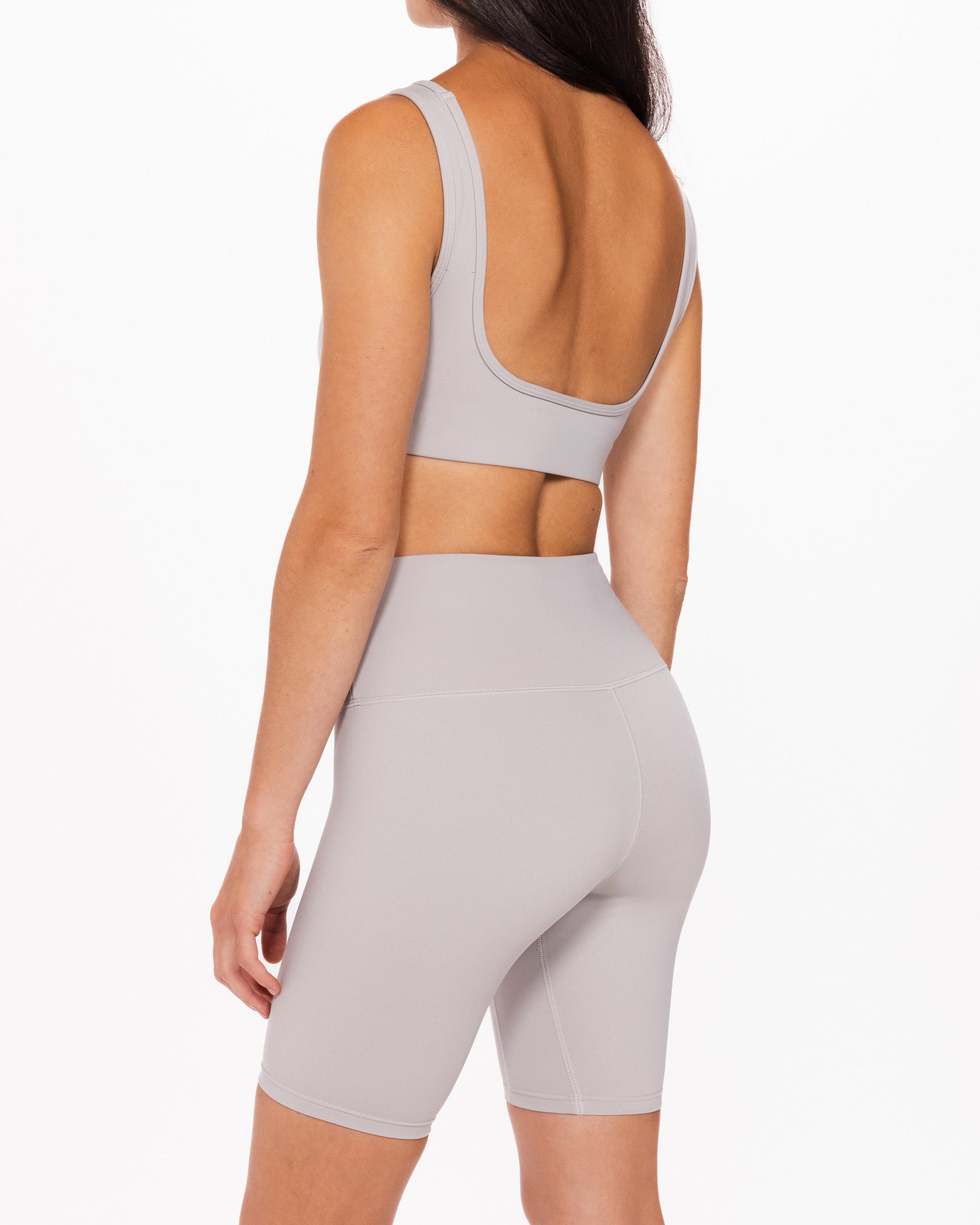 Canadian Made, back design of sports bra, matching grey athleisure set